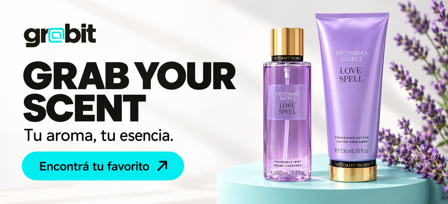 Banner GRABIT con body mist y crema Love Spell de Victoria’s Secret